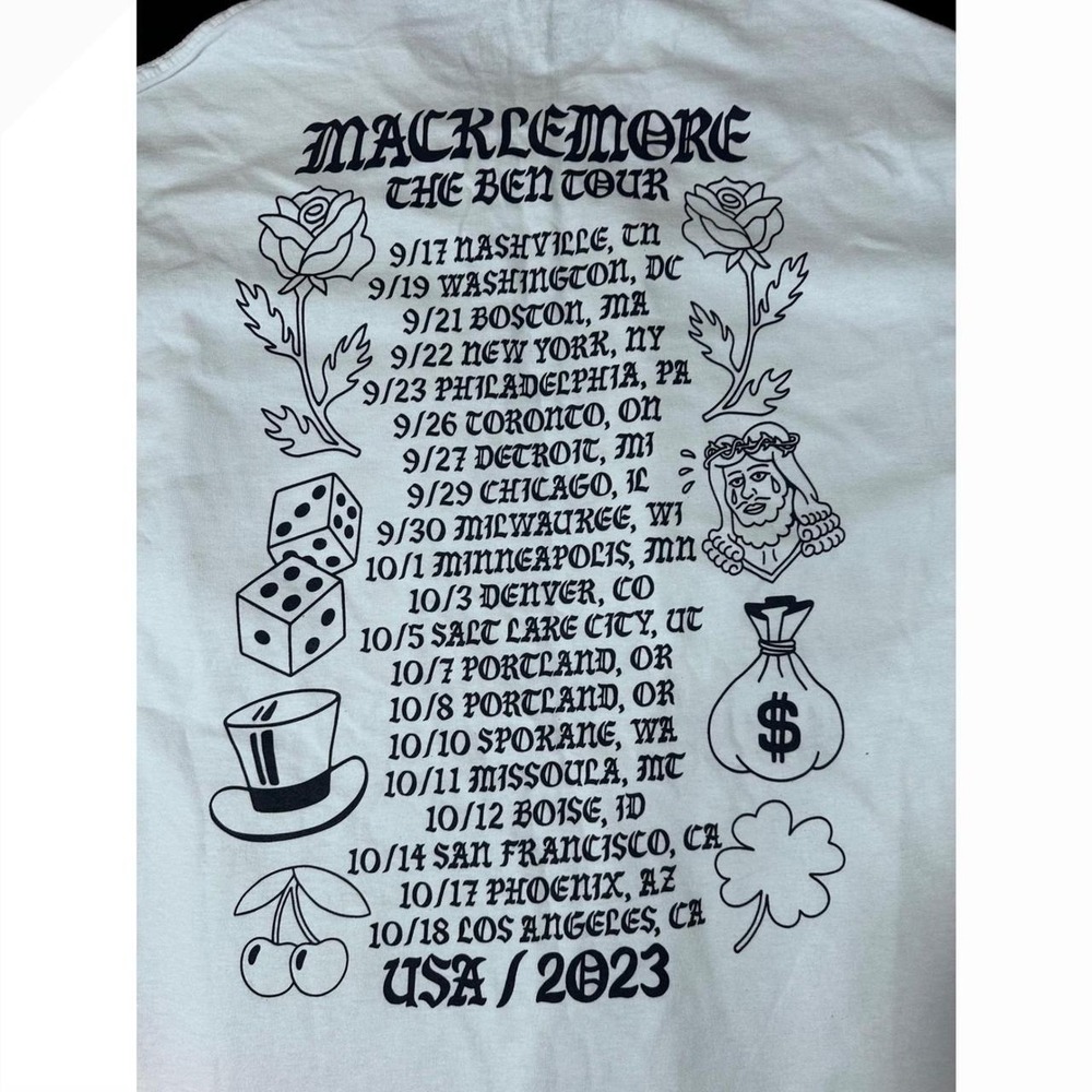 Macklemore The Ben Tour 2023 Concert T-Shirt Mens XL White Tour Dates Graphic